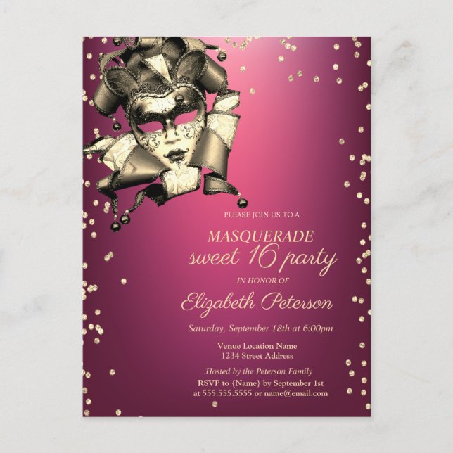  Gold Diamonds,Venice Masque,Purple Sweet 16 Invitation Postcard (Front)