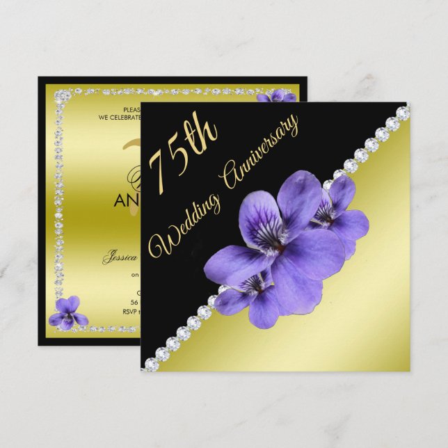 Gold, Diamonds & Violets 75th Wedding Anniversary Invitation (Front/Back)