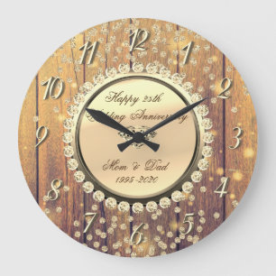 Gold Diamonds Wood 25th Wedding Anniversary Large Clock