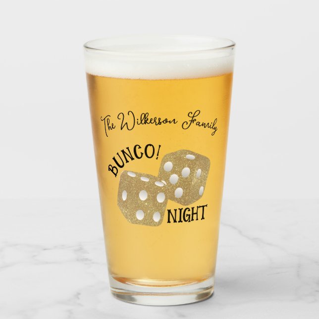 Gold Dice Bunco Night Custom Name Glass (Front Filled)