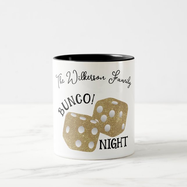 Gold Dice Bunco Night Custom Name Two-Tone Coffee Mug (Center)