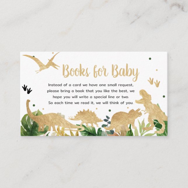 Gold Dinosaur Baby Shower Books for Baby Enclosure Card (Front)