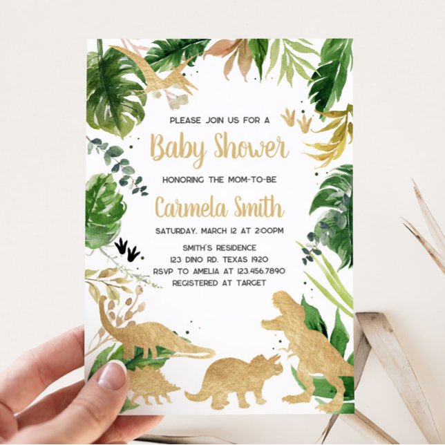 Gold Dinosaur Baby Shower  Invitation (Baby Boy Dinosaur Baby Shower Invitation)