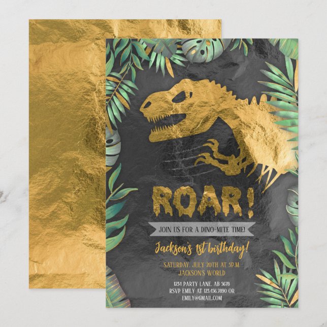 Gold Dinosaur Roar Birthday Invitation (Front/Back)