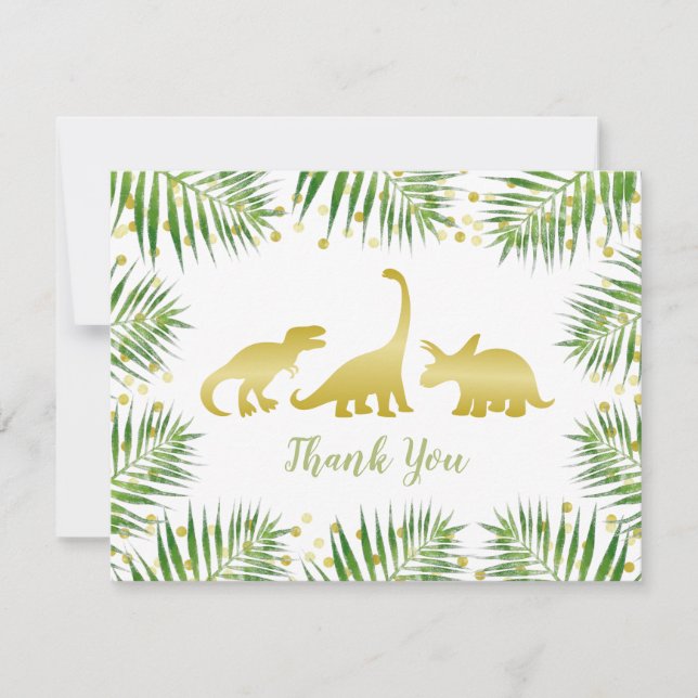 Gold Dinosaur Tropical Baby Shower Thank You Card (Front)