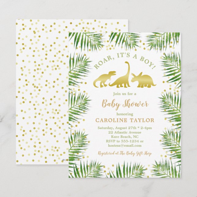 Gold Dinosaur Tropical Greenery Baby Shower Invita Invitation (Front/Back)