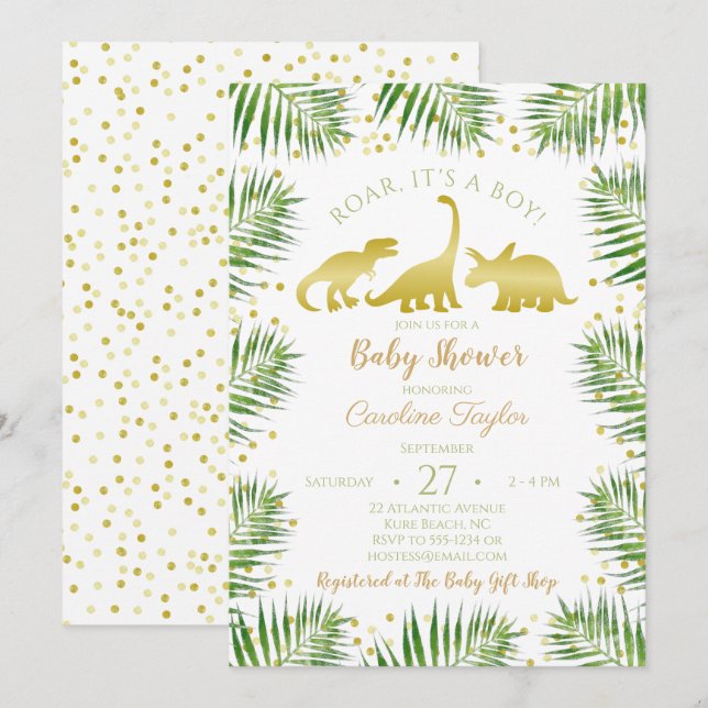 Gold Dinosaur Tropical Greenery Baby Shower Invitation (Front/Back)