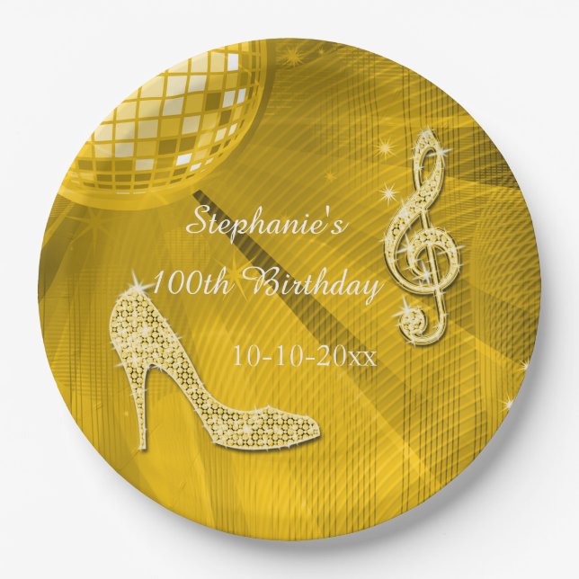 Gold Disco Ball and Heels 100th Birthday Paper Plate (Front)