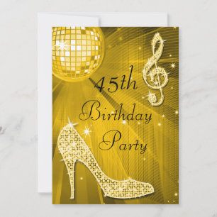 Gold Disco Ball and Heels 45th Birthday Invitation