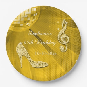 Gold Disco Ball and Heels 65th Birthday Paper Plate