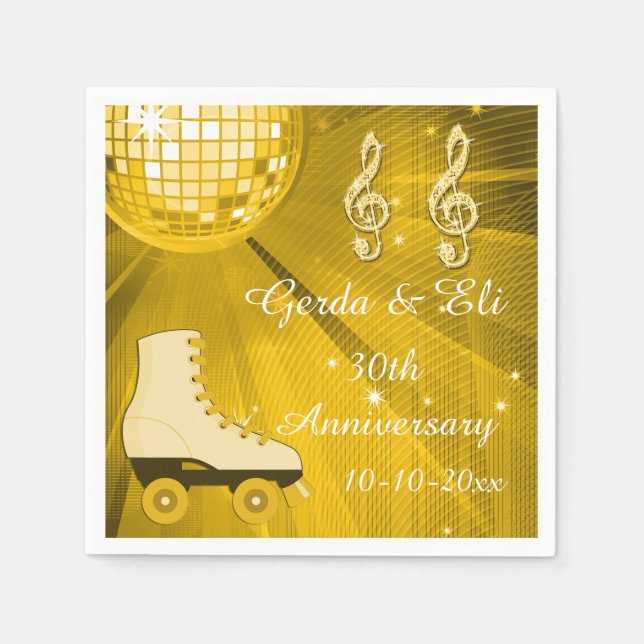 Gold Disco Ball and Roller Skates 30th Anniversary Napkin (Front)