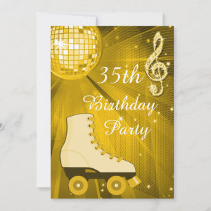 Gold Disco Ball and Roller Skates 35th Birthday Invitation