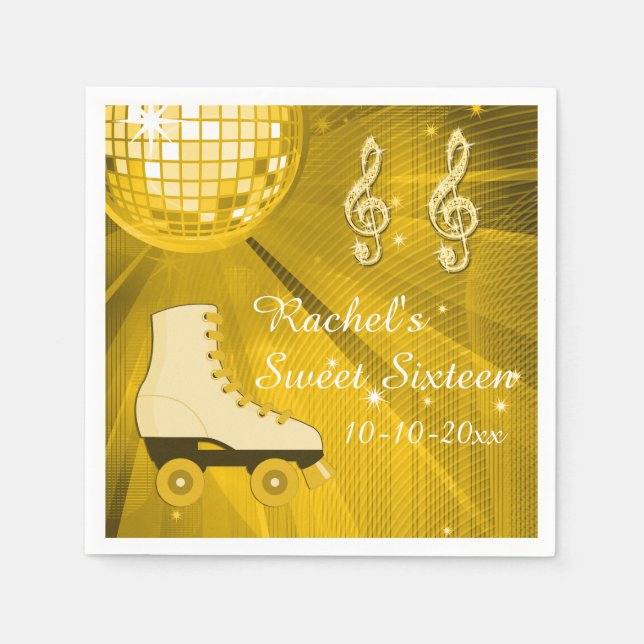 Gold Disco Ball and Roller Skates Sweet Sixteen Napkin (Front)