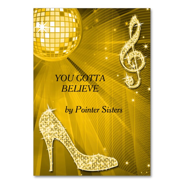 Gold Disco Ball and Stiletto Shoe Double Sided Table Number (Front)
