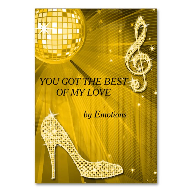 Gold Disco Ball and Stiletto Shoe Double Sided Table Number (Front)