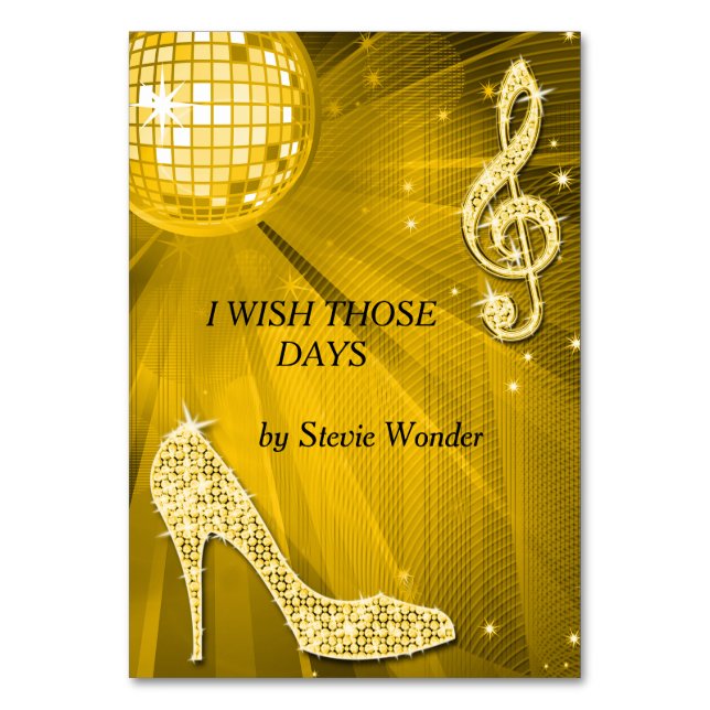Gold Disco Ball and Stiletto Shoe Double Sided Table Number (Front)