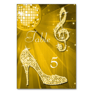 Gold Disco Ball and Stiletto Shoe Double Sided Table Number