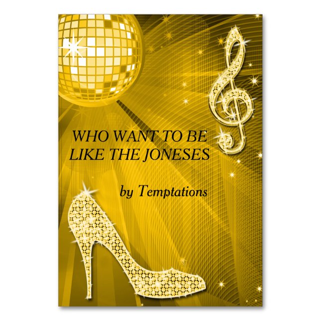 Gold Disco Ball and Stiletto Shoe Double Sided Table Number (Front)