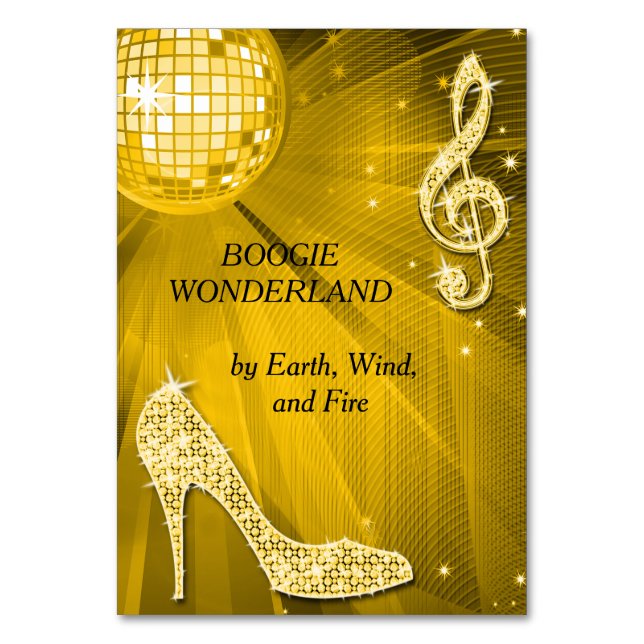 Gold Disco Ball and Stiletto Shoe Double Sided Table Number (Front)