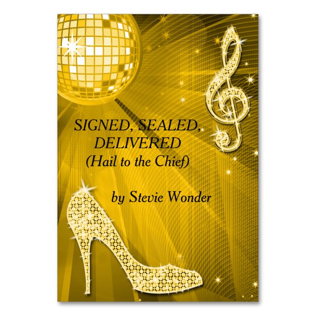 Gold Disco Ball and Stiletto Shoe Double Sided Table Number (Front)