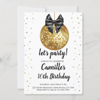 Gold Disco Ball | black bow Birthday Invitation