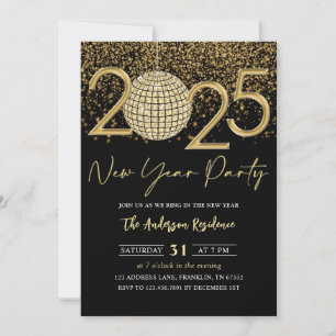 Gold Disco Ball Cheers New Years Eve Party 2025 Invitation