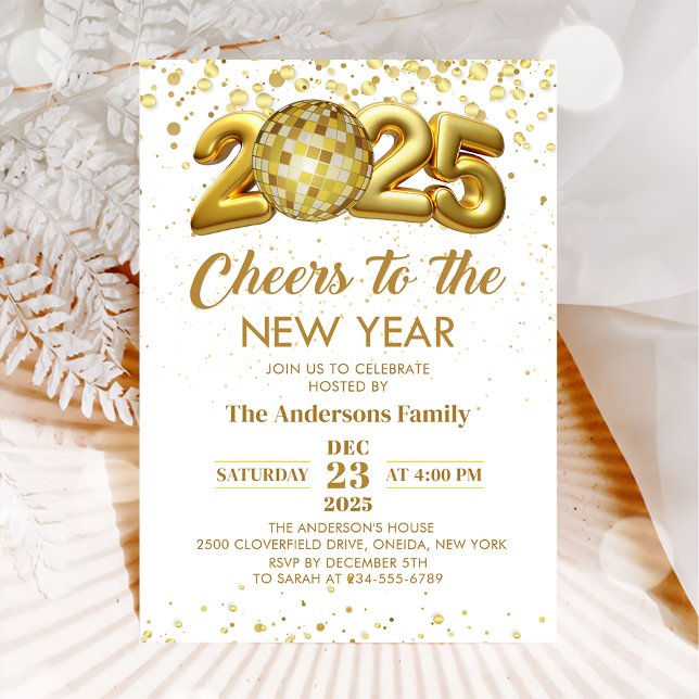 Gold Disco Ball Cheers New Years Eve Party 2025 Invitation (Creator Uploaded)