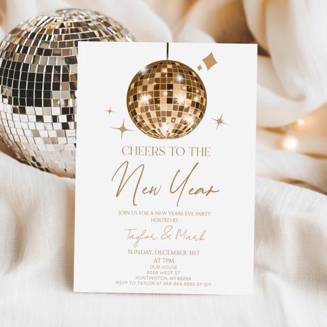 Gold Disco Ball Cheers New Years Eve Party Invitation (Creator Uploaded)