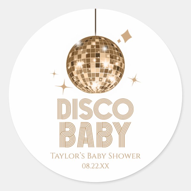 Gold Disco Ball 'Disco Baby' Baby Shower Classic Round Sticker (Front)