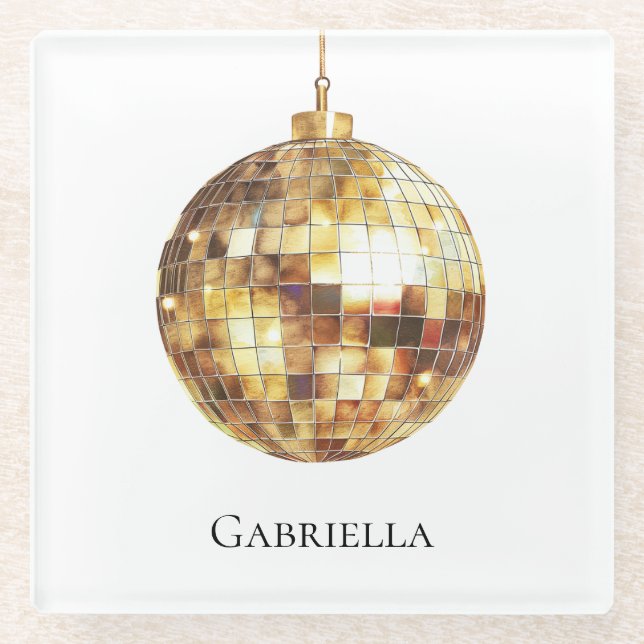 Gold Disco Ball Glass Coaster (Front)