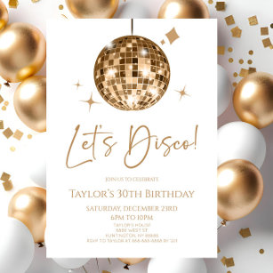 Gold Disco Ball Let's Disco Birthday Party Invitation