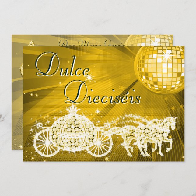 Gold Disco Ball, Princess Coach & Horses Sweet 16 Invitation (Front/Back)