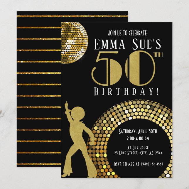 Gold Disco Ball Studio 54 Party 50th Birthday Invitation (Front/Back)