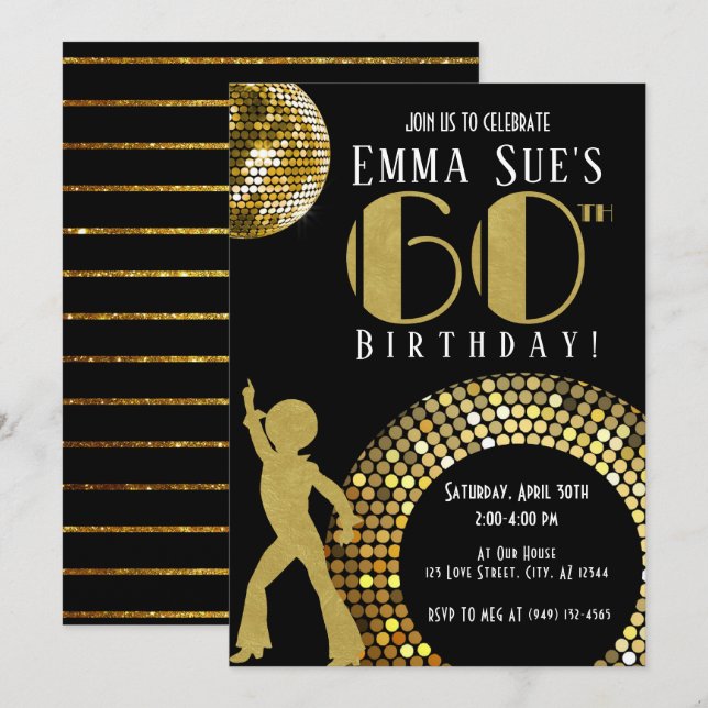 Gold Disco Ball Studio 54 Party 60th Birthday Invitation (Front/Back)