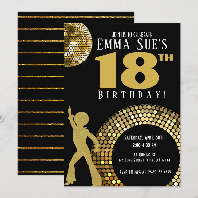 Gold Disco Ball Studio 54 Party Any Age Birthday  Invitation (Front/Back)