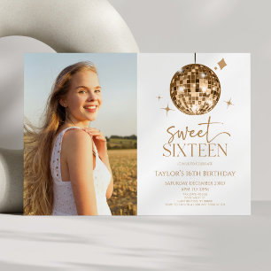 Gold Disco Ball Sweet Sixteen 16th Birthday Party Invitation