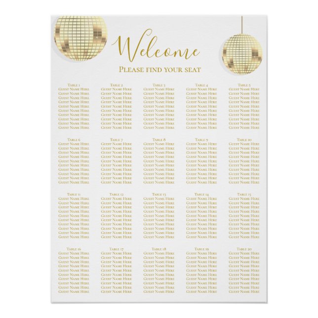 Gold Disco Ball Wedding Seating Chart (Front)