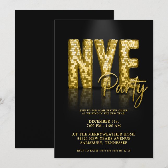 Gold Disco Glitter New Years Eve Party Invitation (Front/Back)