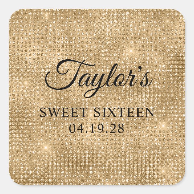 Gold Disco Glitter Sweet Sixteen Square Sticker (Front)