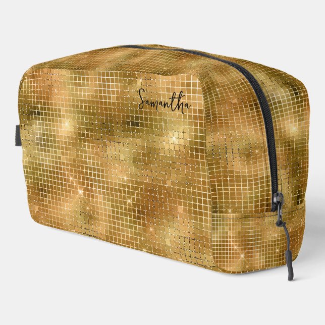 Gold Disco Mirrors Glitter Pattern Monogram Dopp Kit (Right Corner)