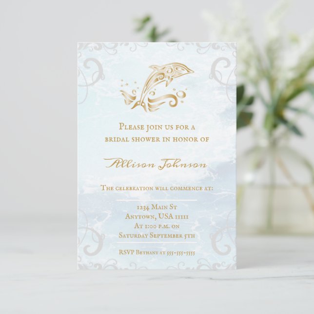 Gold Dolphin Bridal Shower Invite (Standing Front)