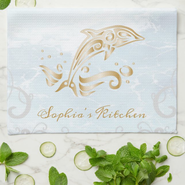 Gold Dolphin Personalised Kitchen Towel (Folded)