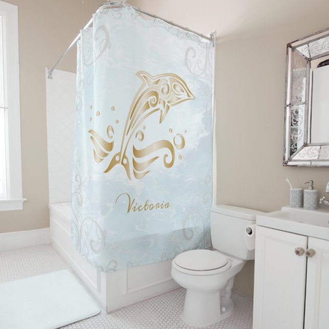Gold Dolphin Personalised Shower Curtain (In Situ)