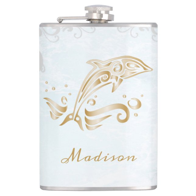 Gold Dolphin Vinyl Wrapped Flask (Front)