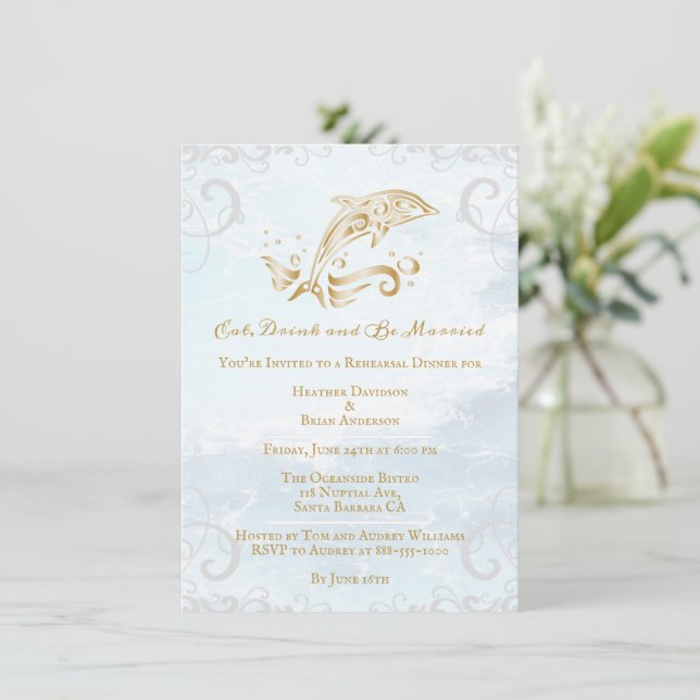 Gold Dolphin Wedding Rehearsal Dinner Invitation (Standing Front)