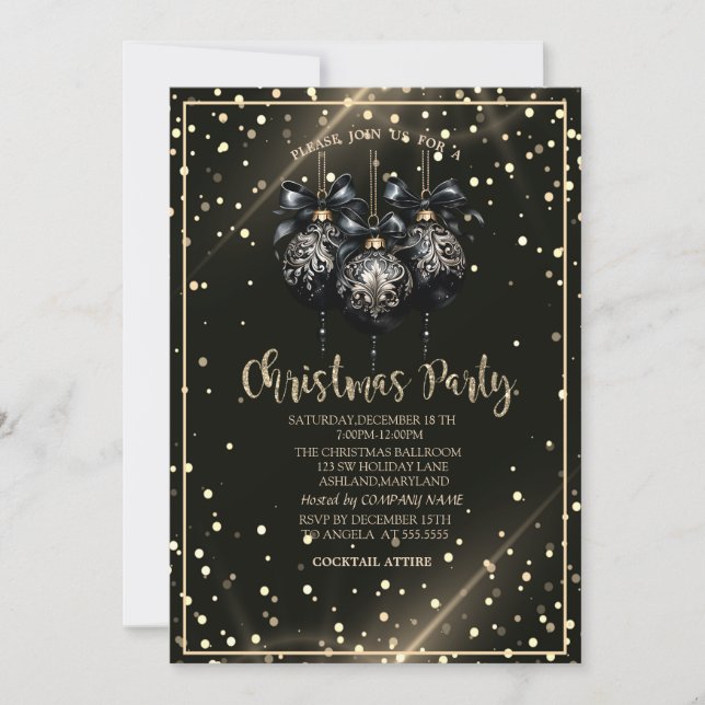 Gold Dots,Black Christmas Balls Company Christmas  Invitation (Front)