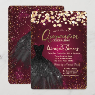 Gold Dots,Black Dress Burgundy Quinceañera Invitation