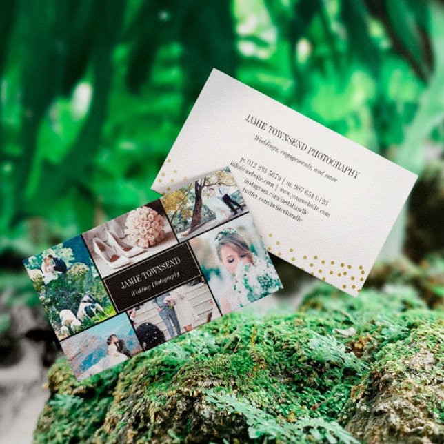 Gold Dots Black Photo Collage Photographer Business Card (Creator Uploaded)