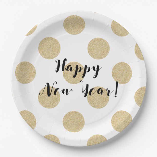 Gold Dots Black & White Modern New Years Eve Paper Plate (Front)