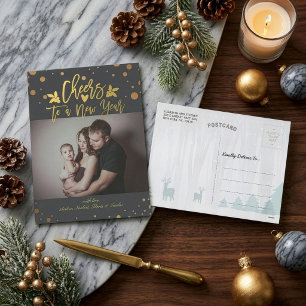 Gold Dots Cheers to New Year Script Holiday Photo Postcard